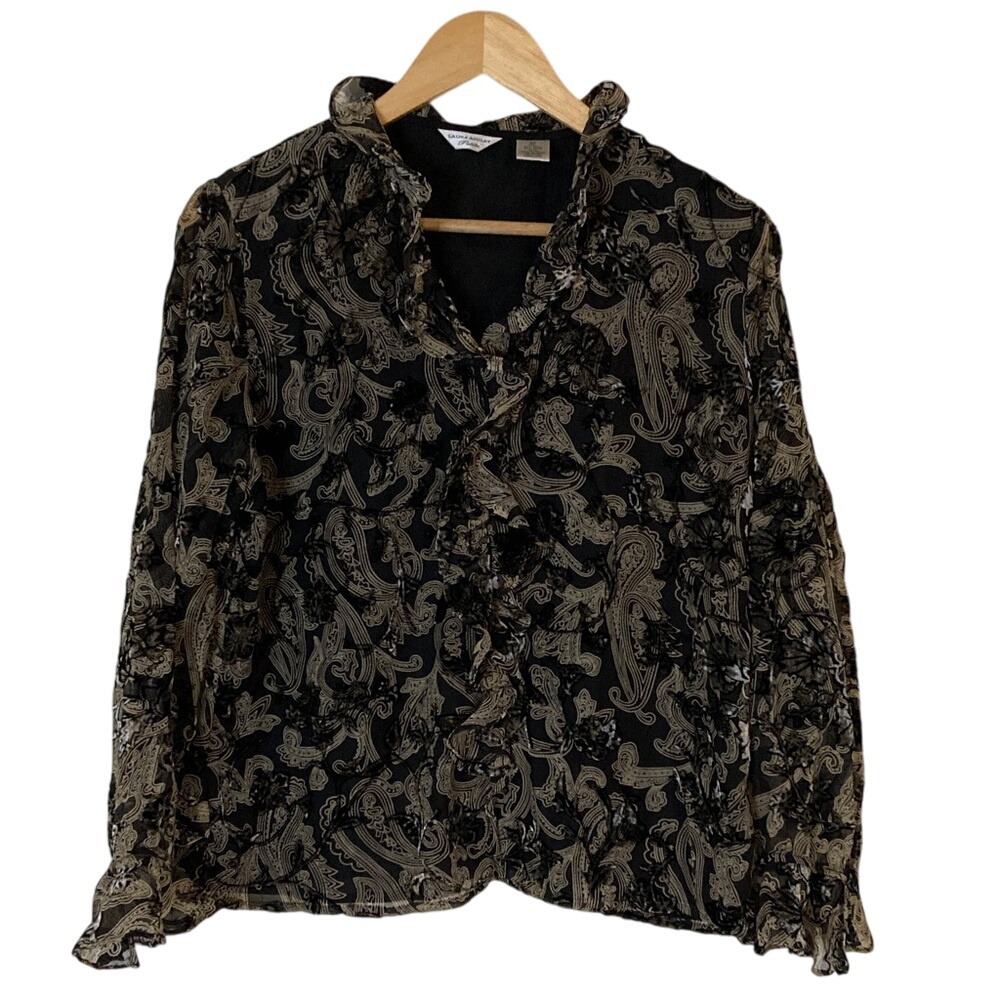 Laura Ashly Elegant Black Velvet Burnout Paisley Blouse Size 8P Button Front LS